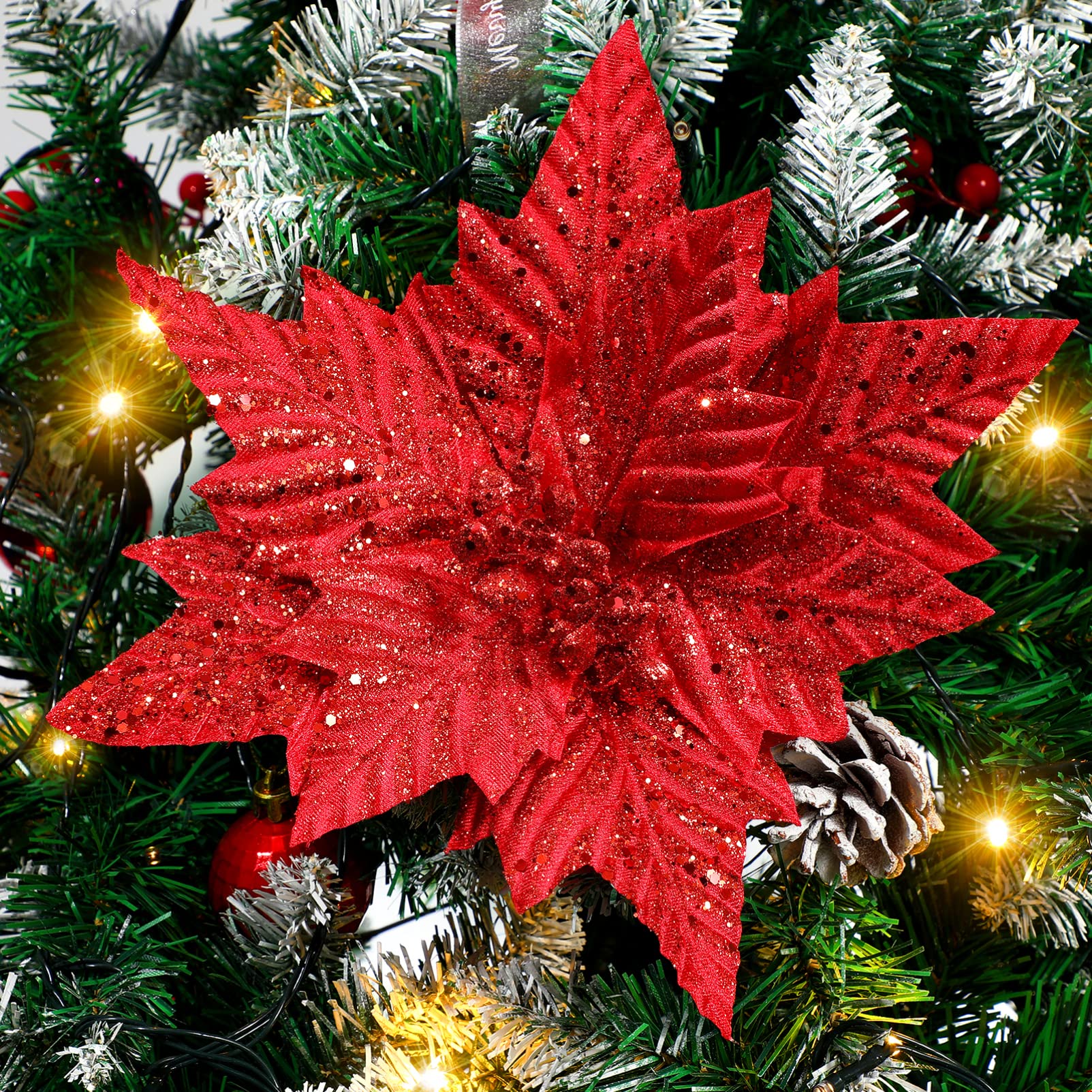 Amazon｜IMIKEYA クリスマスグリッター ポインセチアの花:6個